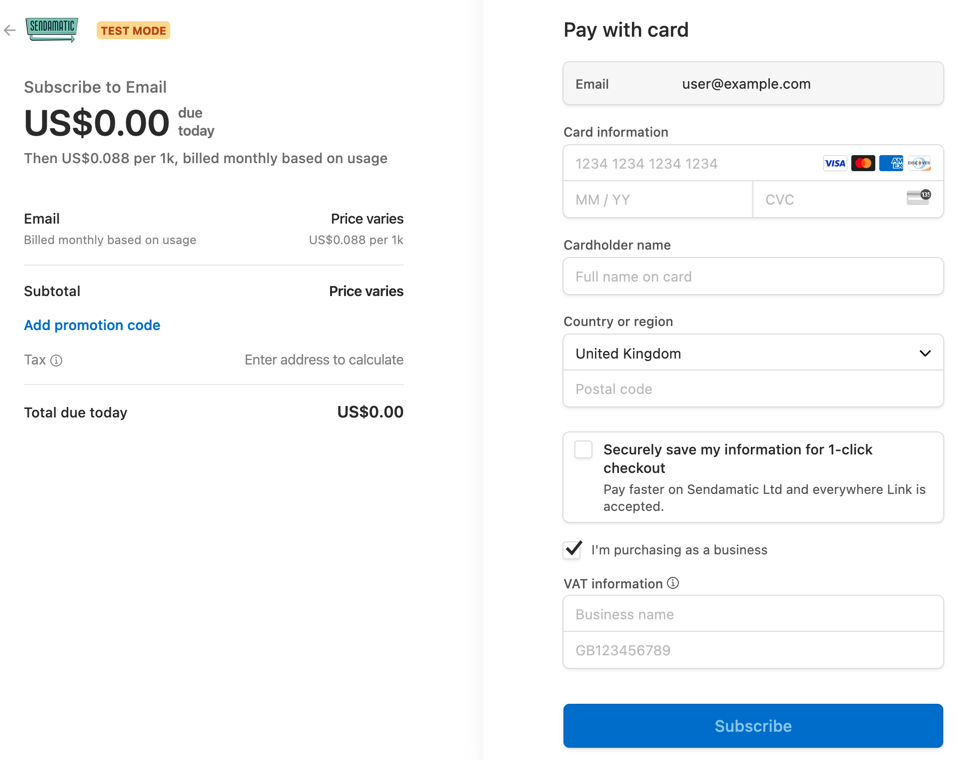 Billing form screenshot